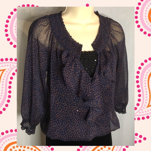 Zara Tops - Navy sheer blouse with rust coloured polka dots
